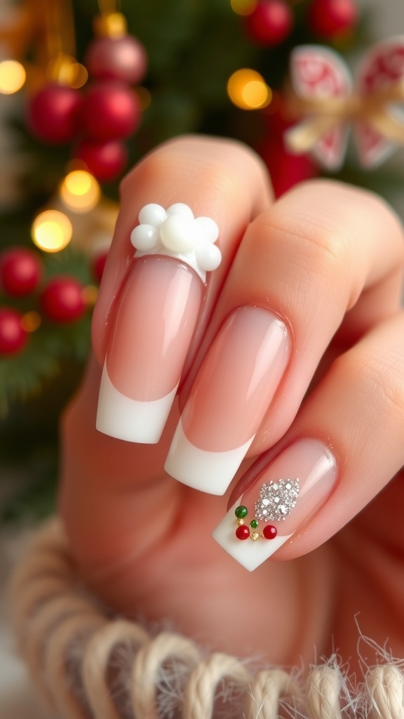 Classy French tip Christmas nails with red and green accents and glitter.